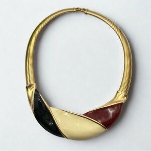 Gold Tone Black Cream & Red Burgundy Enamel Tubogas Flexible Collar Necklace